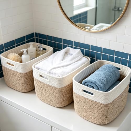 Woven Rope Storage Baskets / 3pc-white&brown / 13.5 x 11 x 9.5 / Set of 3