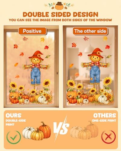 Fall Window Clings - 9 Sheets 116 Pcs Fall Decorations for Autumn Thanksgiving Harvest Home Party, Pumpkin Leaves Truck Maple Sunflowers Stickers for Glass, Double-Sided Static Window Decals