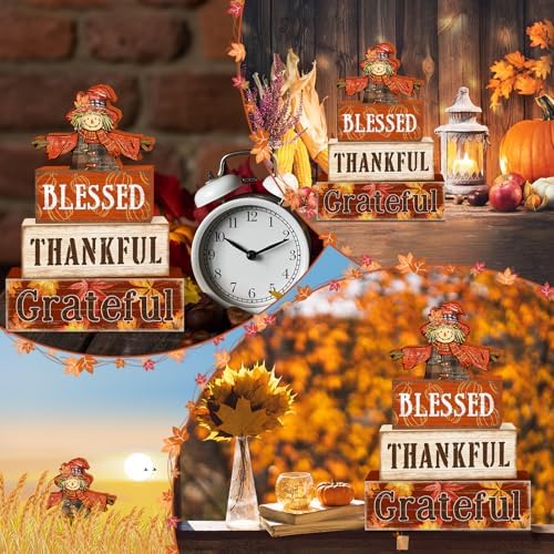 Britimes Fall Scarecrow Tiered Tray Decor Set, 4 Pack, Wooden Table Sign