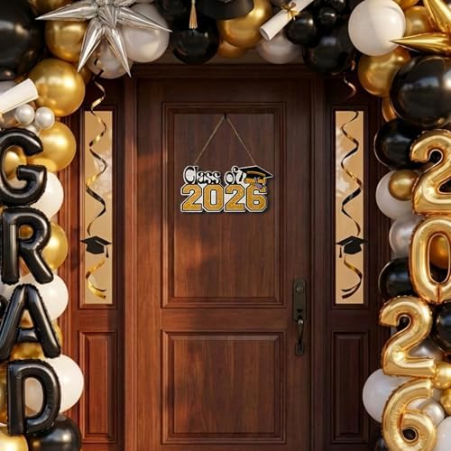Smile Class of 2026 Graduation Wooden Door Hanger, Black & Gold Glittered Grad Cap & Diploma Front Door Sign for Graduation Party Decorations
