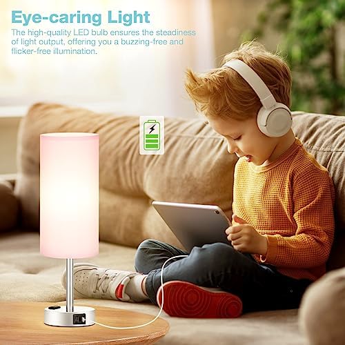 Fenmzee Pink Bedside Lamp for Bedroom, Dimmable Touch, USB A+C, AC Outlet