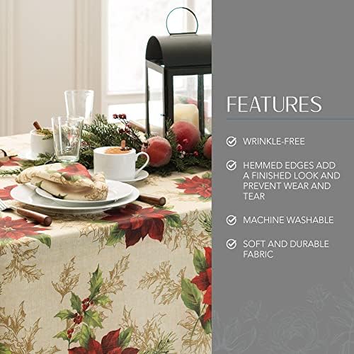 Festive Poinsettia Holiday Fabric Tablecloth, Multicolor - 60" W x 120" L