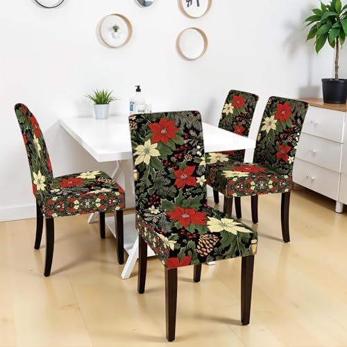 Flower Chair Covers for Dining Room – Festive Holiday Floral Print Slipcovers with Red Poinsettia, Pinecones & Holly – Stretch Washable Dining Chair Protector for Winter Decor, Parties
