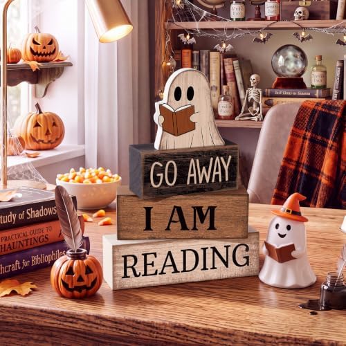 Moucuny 4 Pcs Halloween Table Decor Wooden Ghost Reading Stacked Block Sign