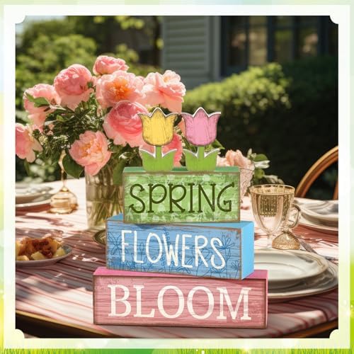 Moucuny 4 Pcs Spring Wooden Block Signs Farmhouse Table Tiered Tray Decor