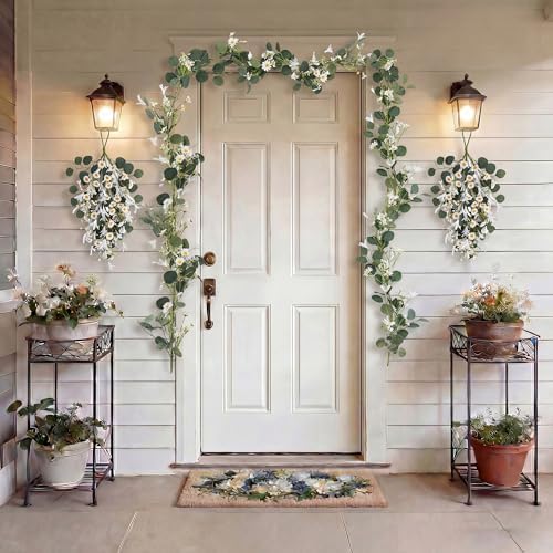 Pinkpum 20'' Eucalyptus Wreath 22'' Daisy Teardrop Swags Set 4 for Front Door Fireplace Hanging Porch Wall Home Window
