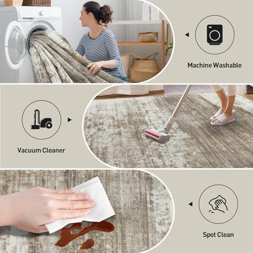 6x9 Area Rugs for Living Room: Washable Abstract Brown White Badroom Carpet