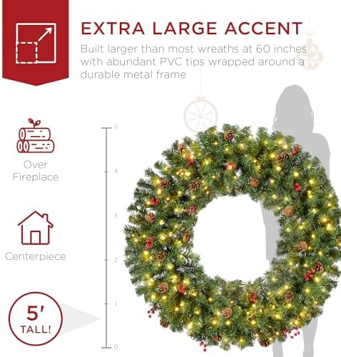 Best Choice Products 60in Pre-Lit Christmas Wreath w/Berries & Pinecones, Large Artificial Indoor/Outdoor Decor for Door, Mantel, Plug-in
