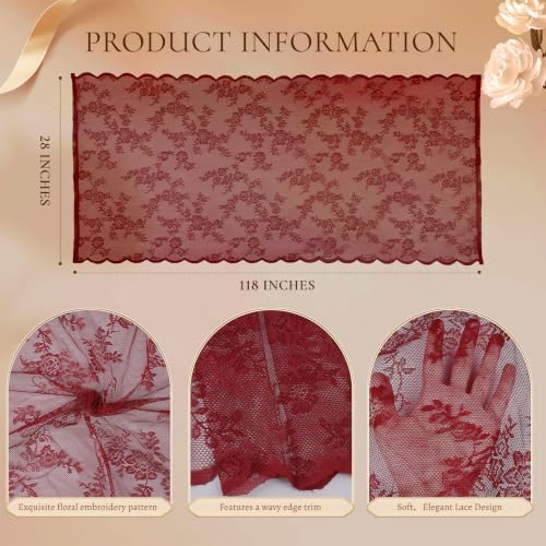 Burgundy Lace Table Runner with Floral Embroidered (1pcs, 28”x118”)