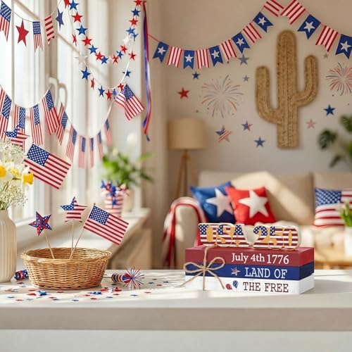 Smile 4th of July 250th Anniversary Wooden Block Stack with USA Decor, 5-Piece "Land of the Free" Patriotic Tiered Tray Tabletop Sign for Independence Day Decorations