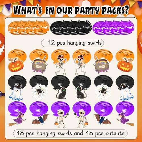 Halloween Hanging Swirls, 48Pcs Halloween Ceiling Hanging Decorations Ghost Pumpkin Witches Swirls Streamers for Indoor Outdoor Party Supplies