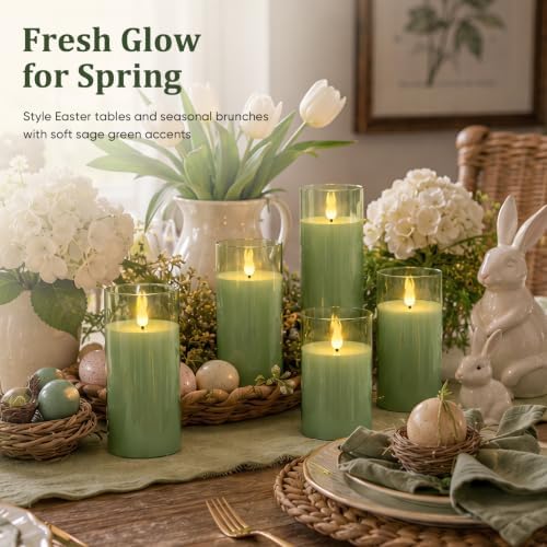 Homemory Sage Green Flameless Candles, Acrylic LED Pillar Candles with Remote Timer, Set of 5