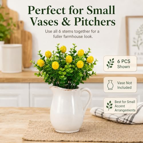 6 Pcs Artificial Lemon Branches Small Artificial Fruit Lemon Tree Greenery Decoration Faux Lemons Picks for Farmhouse Kitchen Home Table Decor Stem Fruits for Home Spring Summer Decor