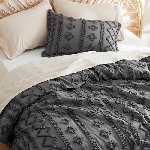 Bedsure Tufted Boho Comforter Set Queen Size - Dark Grey Boho Bed Set, GentleSoft™ 3 Pieces Farmhouse-Style Embroidery