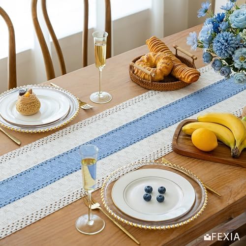 FEXIA Boho Table Runner for Home Decor 12x72 Light Blue Farmhouse Decor