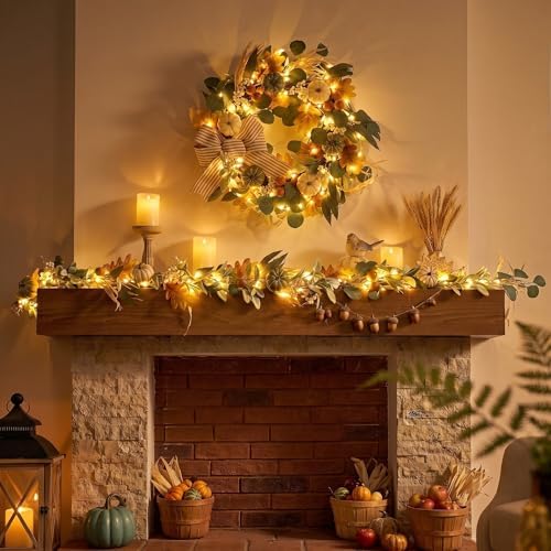 Valery Madelyn 24'' Fall Wreaths for Front Door with LED Lights