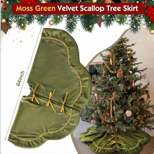 Arrowbash Olive Green 84 Inch Christmas Tree Skirt Velvet Scallop Ddge