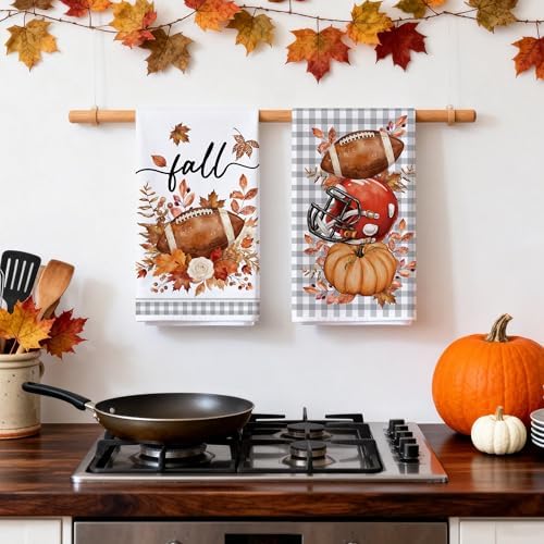Bonsai Tree Fall Kitchen Towels, Fall Football Decor, Plaid Hand Towels