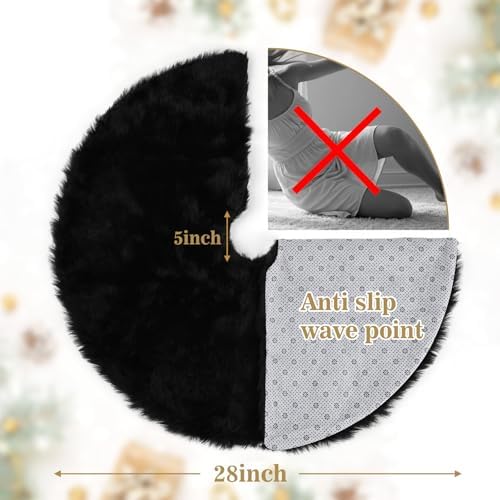 28 Inch Black Faux Fur Christmas Tree Skirt for Halloween Decorations