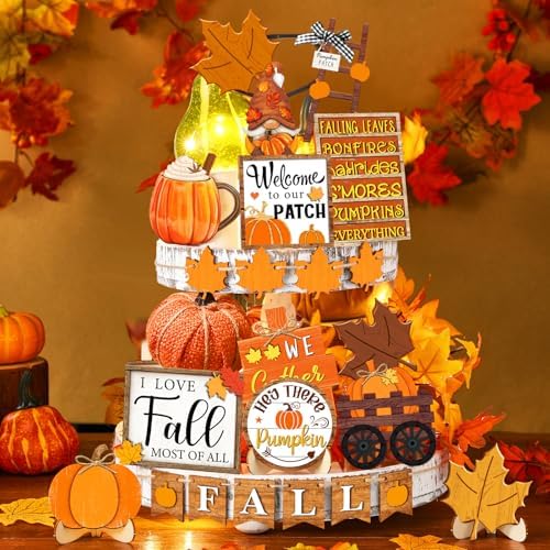 Fairysandy 21 Pcs Fall Tiered Tray Decor, Thanksgiving Table Sign, Gnome