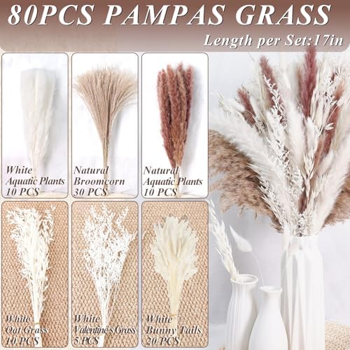 85PCS White Dried Pampas Grass Bouquet, Boho Home Decor Flowers