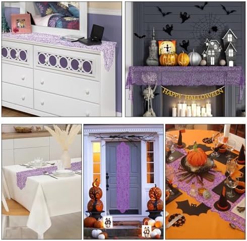 Halloween Table Runner 2 Pcs Purple Spiderweb Table Runner Lace Spider Web Table Runners for Halloween Table Decor Lace Runner for Tables Tables Centerpiece Kitchen Dining Decoration 12x72 Inch