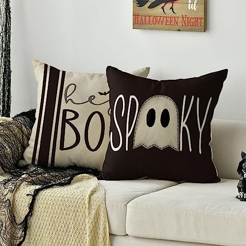 AVOIN colorlife Halloween Hey Boo Cute Ghost Spooky Throw Pillow Covers, 20 x 20 Inch Horror Scary Cushion Case for Sofa Couch Set of 4, Black