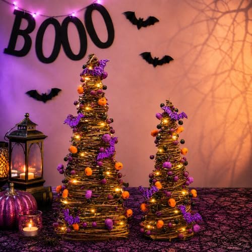 2Pa Lighted Halloween Tabletop Tree,Purple Pumpkin Halloween Decor【Timer】