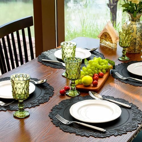 Round Faux Leather Placemats Set of 4, Dining Table Mats, Black