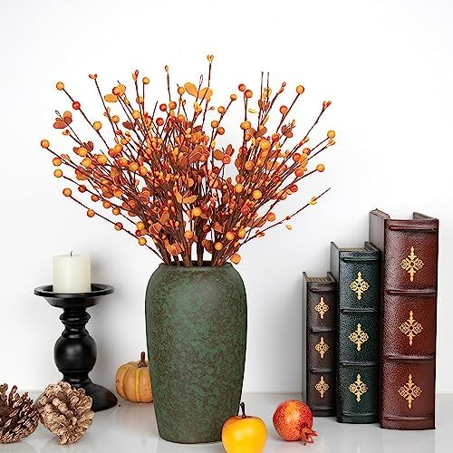LLZLL 6PCS Fall Stems,17in/43cm Tall Artificial Fall Berry Picks Autumn Berry Spray for Flower Arrangement and Fall Decor (Red Orange Berries and Leaves)
