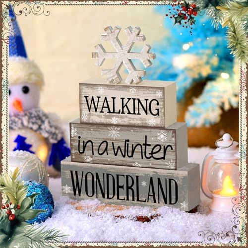 Moucuny 4 Pcs Snowflake Decorations Wooden Block Signs Winter Farmhouse