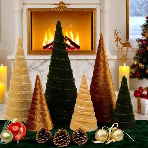 6 Pcs 12" 10" 6" Christmas Cone Tree Decorations Christmas Neutral Velvet Table Centerpieces Decor Flocked Farmhouse Tiered Tray Ornament Xmas Tree for Home Entryway Tabletop Centerpiece Decor