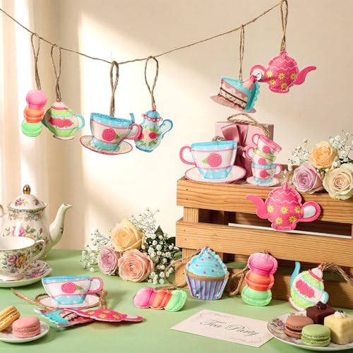 SmoothNovelty 24 Pcs Tea Party Decoration Felt Hanging Ornaments Spring Tea Time Hanging Decoration Teacup Cupcake Teapot Ceiling Decor for Mothers Day Wedding Princess Birthday Talking Party Favor