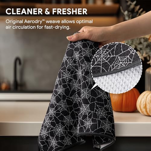 RECYCO Halloween Waffle Kitchen Towel Set of 2 - Quick Dry Microfiber Sustainable Dish Towels - Absorbent Reusable Cleaning Tea Towels - Lightweight Hand Towels,16”x 28”, Spooky Soiree