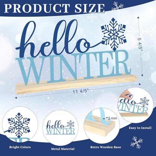 Metal Hello Winter Snowflake Sign Decorations for Home Party Shelf Mantel