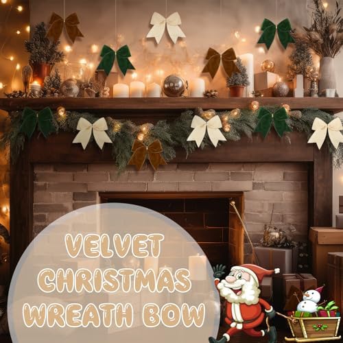 Janinka 12 Pcs Christmas Velvet Bows Milky White Brown Green 6 Inch