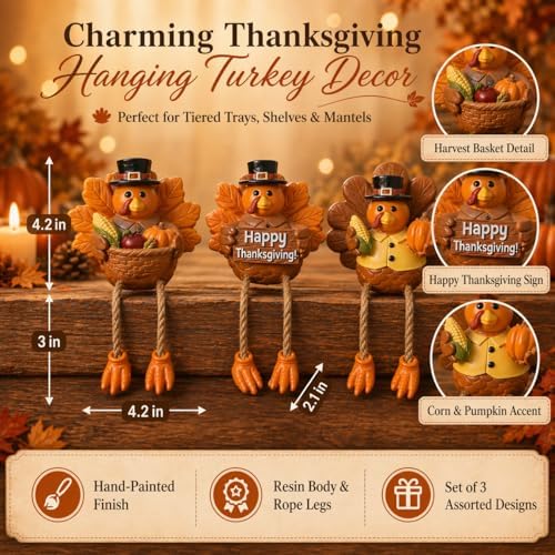 Thanksgiving Turkey Tabletop Centerpiece Decor Resin Turkey Figurines Set of 3 Fall Turkey Shelf Sitter Decor for Thanksgiving Table Decorations Tiered Tray Mantel Shelf Kitchen Entryway Decoration