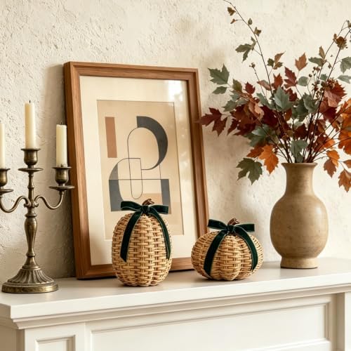 DN DECONATION Fall Pumpkin Decor, Fake Rattan Pumpkin Decorations for Home