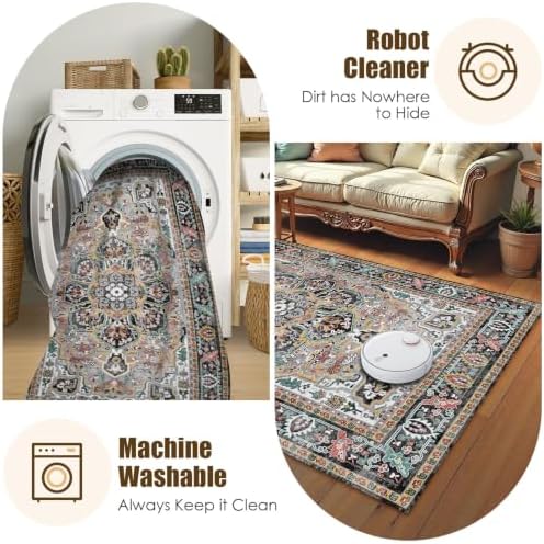 Washable Area Rug 9' x 12' Vintage Traditional Persian Mat - Foldable Distressed Non-Slip Machine Washable Carpet for