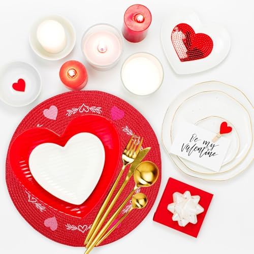 Whaline 4 Pcs Round Valentine's Day Red Pink Placemats Embroidered Place Mats Love Heart Table Mat Decorative Dinner Table Mats for Home Wedding Anniversary Party Decor