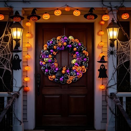 HipTree 17 Inch Halloween Ball Wreath for Front Door with Lights