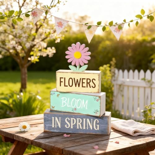 Spring Decoration Wooden Tiered Tray Decor – Daisy Flower Spring Stacked Block Sign – Farmhouse Tabletop Floral Spring Decor for Shelf Mantel Seasonal Home Display