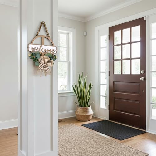 CondorPasea 12 Inch Round 3D Welcome Door Sign, 0.4" Thick Solid Wood Front Door Welcome Sign with Artificial Greenery