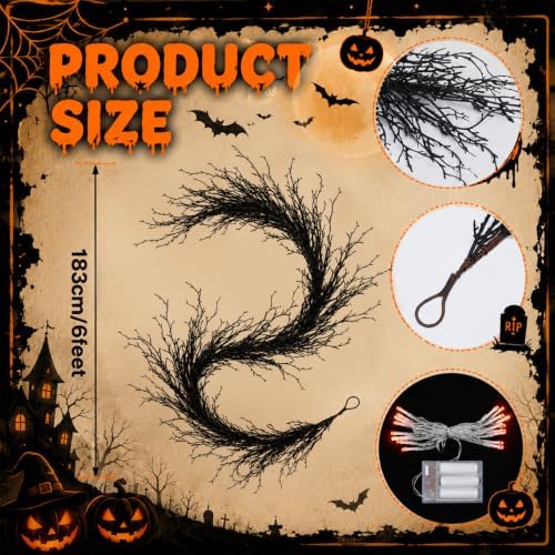 Thiccywoov Halloween Lighted Creepy Black Twig Vines Garland for Mantle
