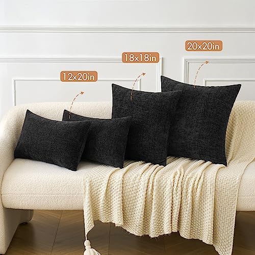 MIULEE Soft Chenille Lumbar Throw Pillow Covers Black 12x20 Inch Pack of 2