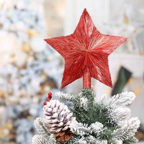 Threehoney 8.3 Inch Christmas Star Tree Topper Glitter Decor,Red