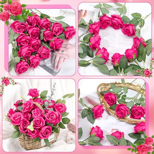 36 Pcs Hot Pink Artificial Roses with Long Stems