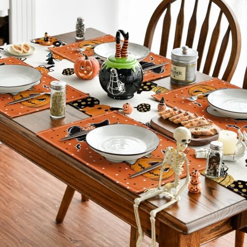 Artoid Mode Orange Cat Ghost Boo Halloween Placemat Set of 4-12 x 18 Inch