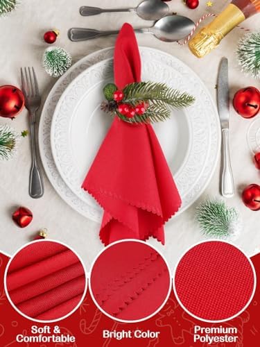 16 PCS Christmas Napkins and Rings Set, Lanstics 8PCS Xmas Napkin Buckles and 8PCS Red Washable Christmas Napkins Cloth Red Berries Napkin Holders for Christmas Holiday Dinner Party Table Decoration
