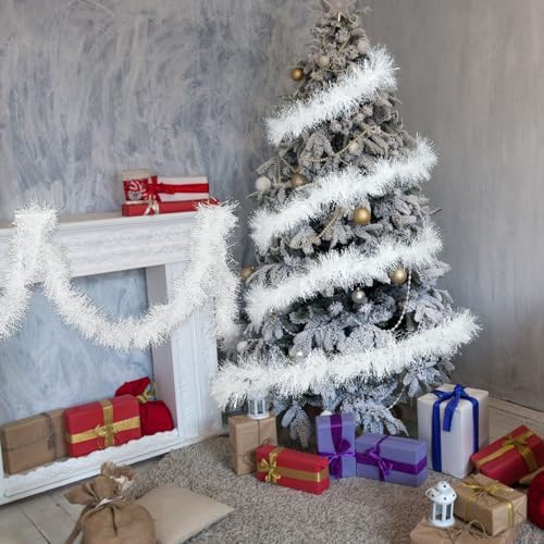 Shappy 90 ft 6 Rolls Christmas Tinsel Garland for Tree, Reflective White
